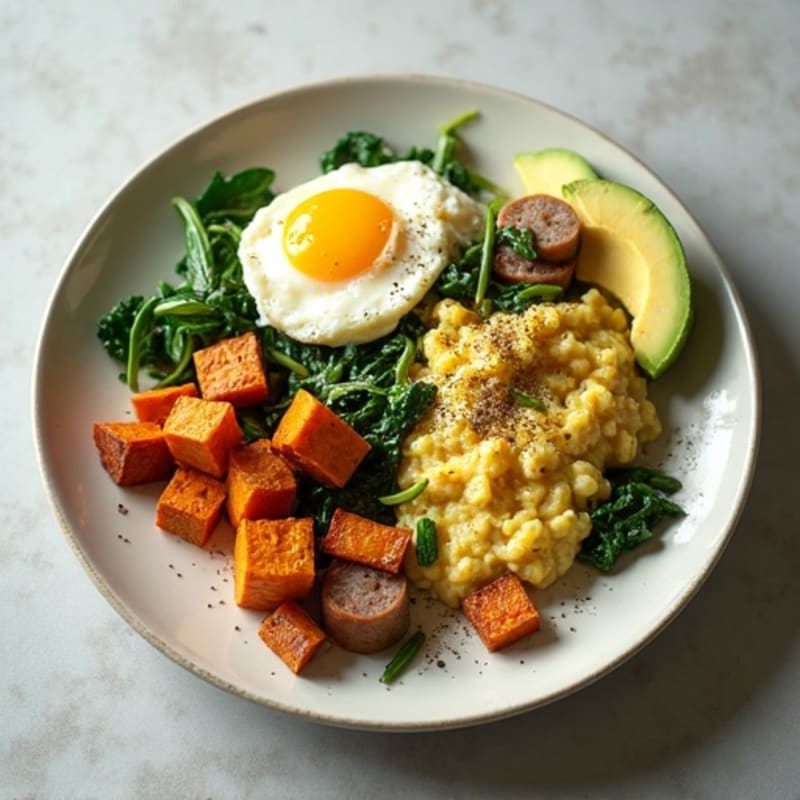 Egg White Spinach Scramble with Turkey Sausage and Roasted Sweet Potatoes