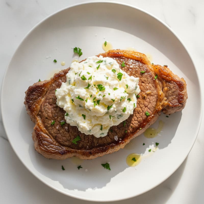 Seared Lean Beef Steak with Garlic Herb Ricotta
