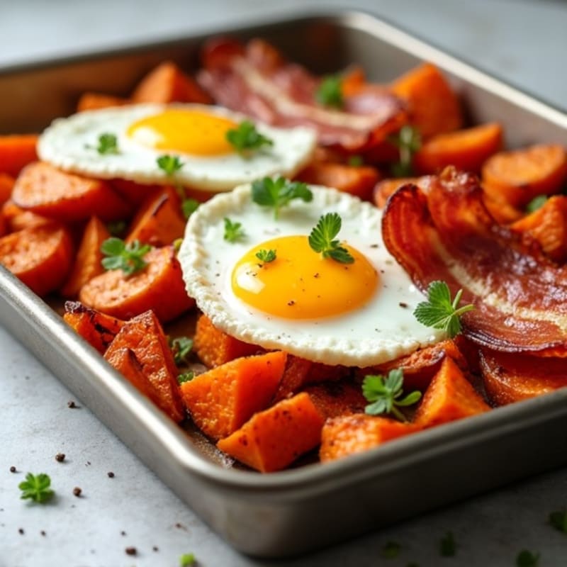 Sheet Pan Roasted Sweet Potatoes and Eggs with Crispy Turkey Bacon