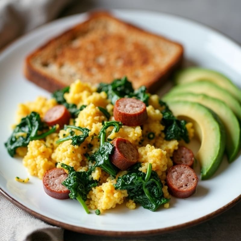 Egg White and Turkey Sausage Scramble with Sautéed Spinach
