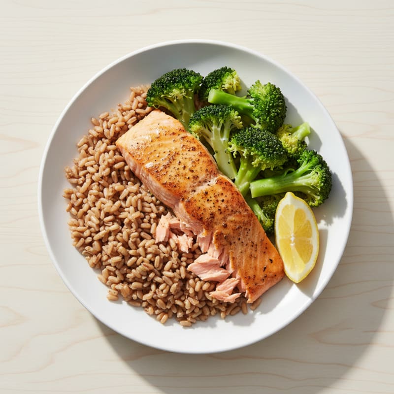 Seared Salmon with Steamed Broccoli and Brown Rice