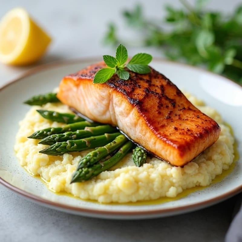 Seared Salmon with Steamed Asparagus and Cauliflower Mash