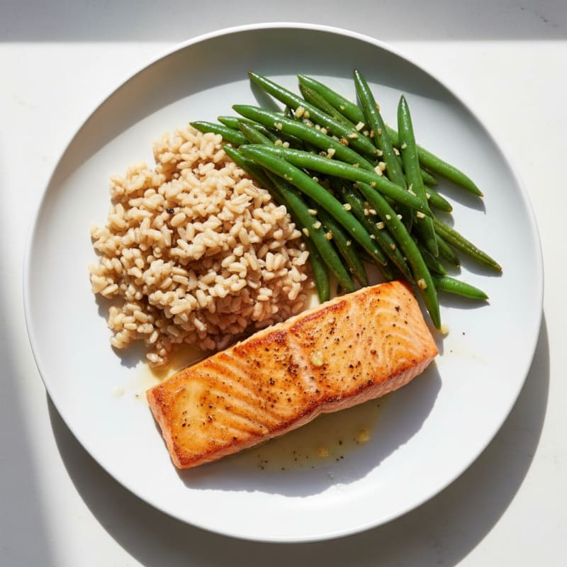 Seared Salmon Fillet with Garlic Green Beans and Brown Rice