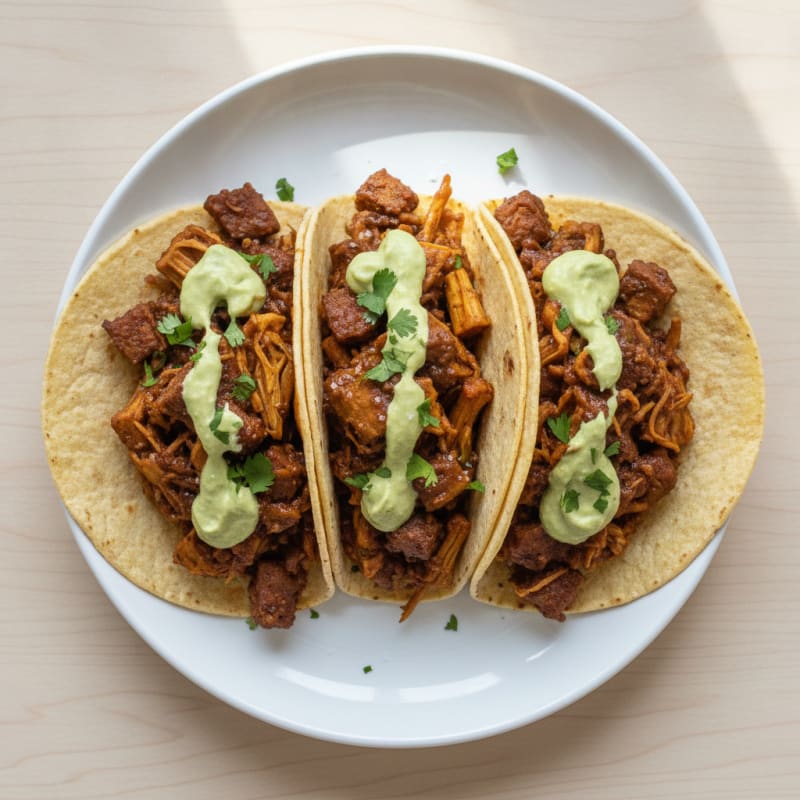 Jackfruit Adobo Tacos with Avocado Crema