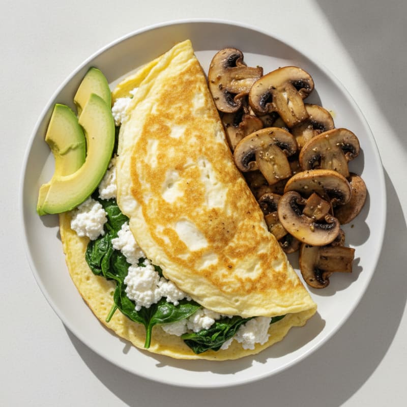 Egg White Spinach Omelette with Cottage Cheese and Sautéed Mushrooms