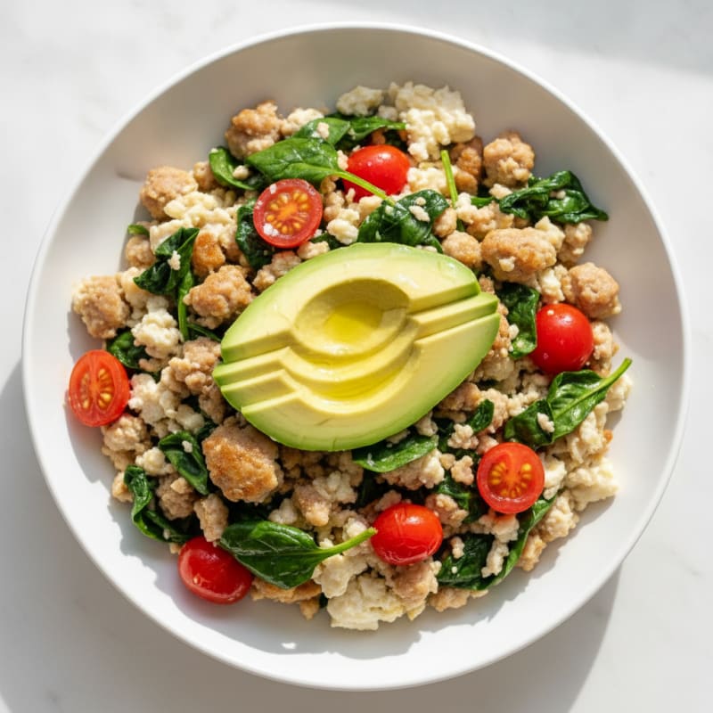 Egg White and Turkey Sausage Scramble with Spinach and Tomatoes