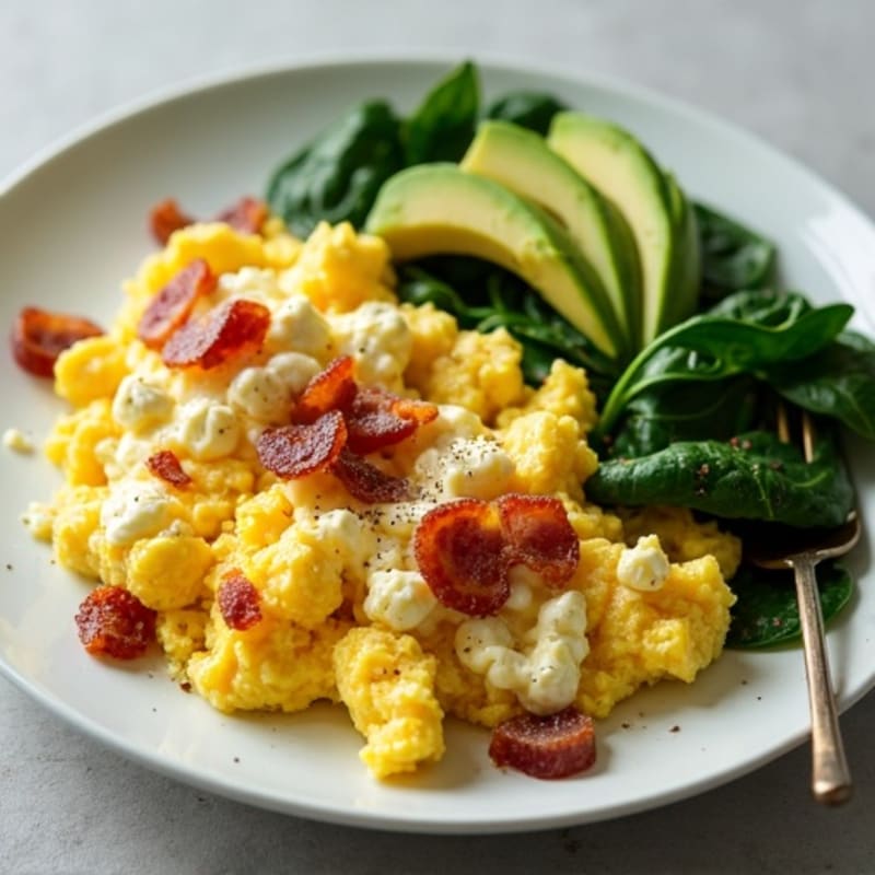 Cottage Cheese Egg Scramble with Spinach and Turkey Bacon