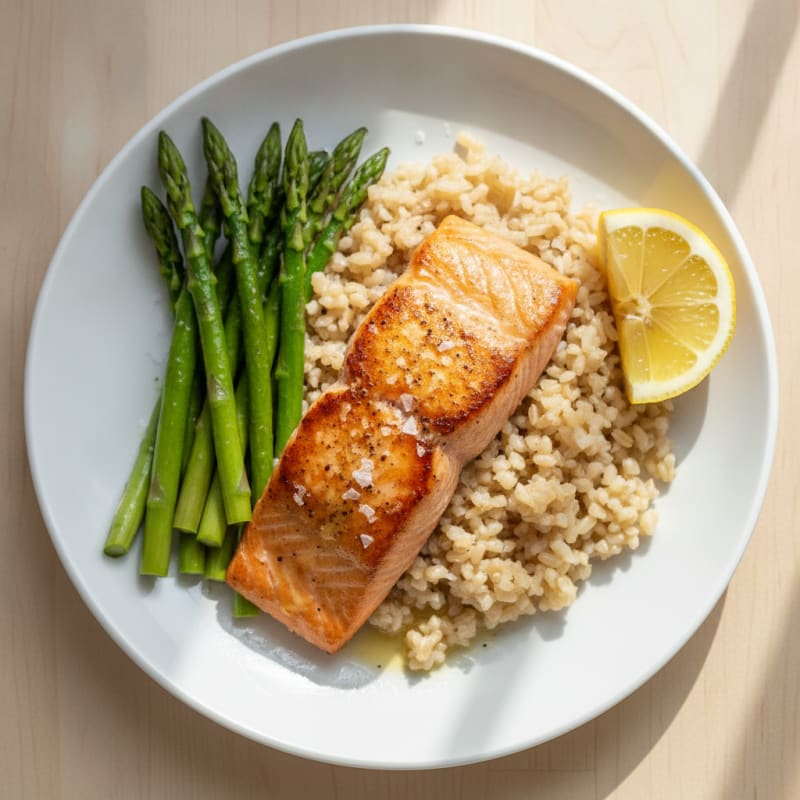 Seared Salmon with Steamed Asparagus and Brown Rice