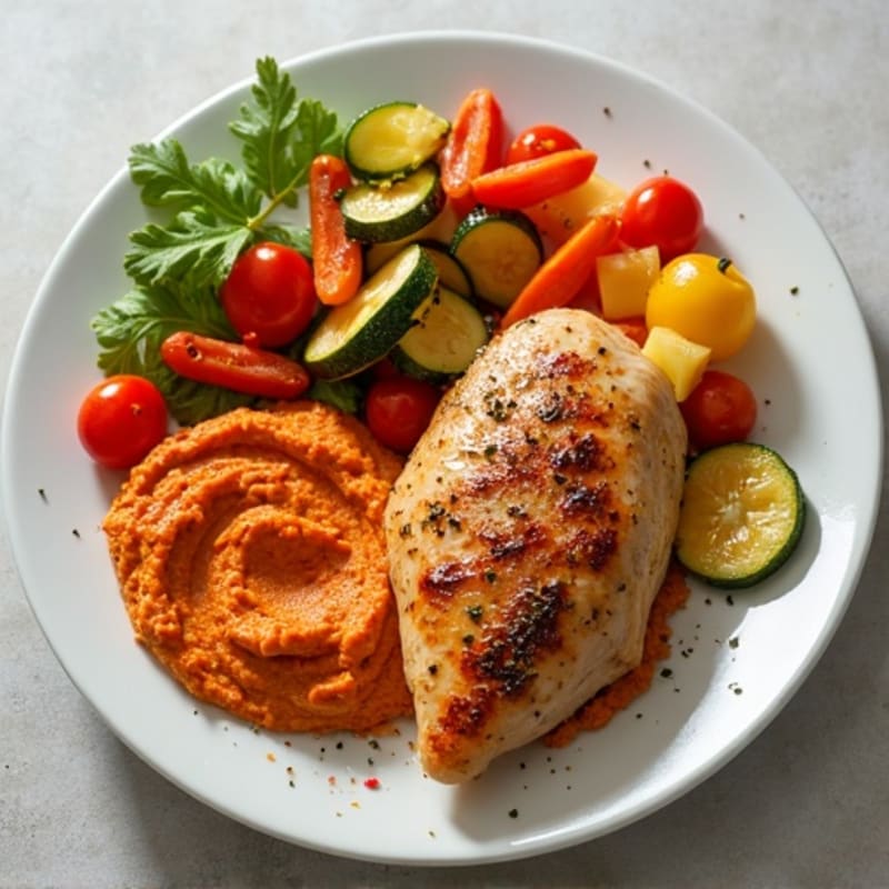 Roasted Chicken and Vegetable Plate with Creamy Roasted Red Pepper Hummus