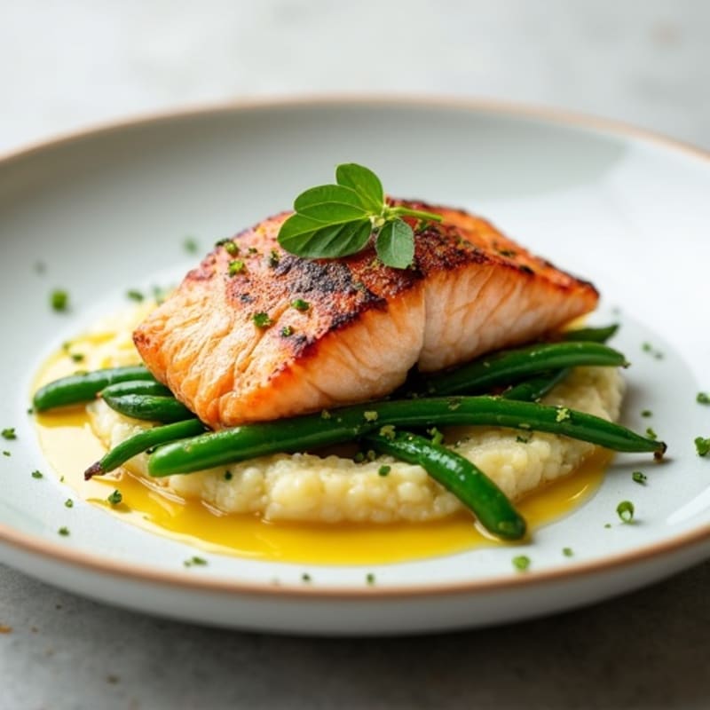 Seared Salmon Fillet with Garlic Green Beans and Cauliflower Mash
