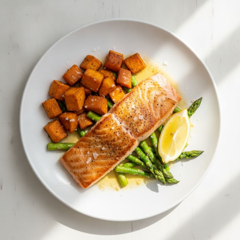 Seared Salmon Fillet with Roasted Sweet Potato and Asparagus