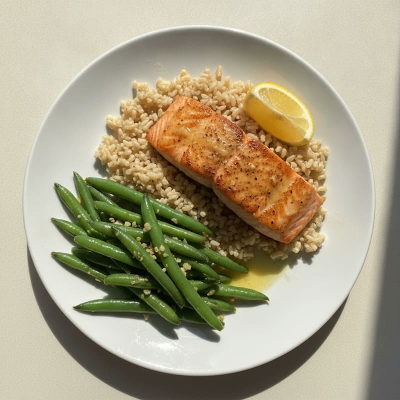 Seared Salmon with Garlic Green Beans and Brown Rice