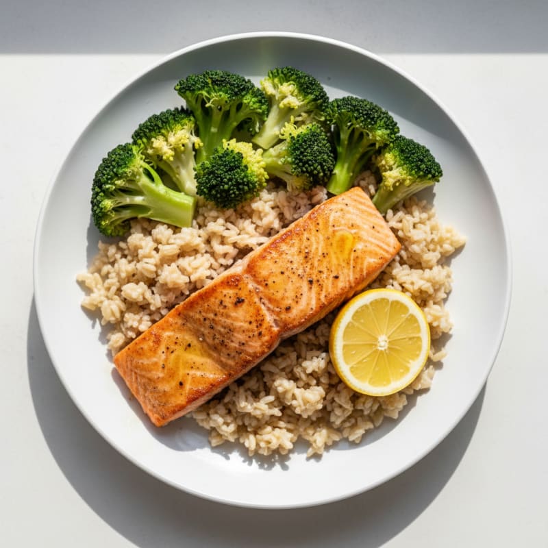 Seared Salmon with Steamed Broccoli and Brown Rice