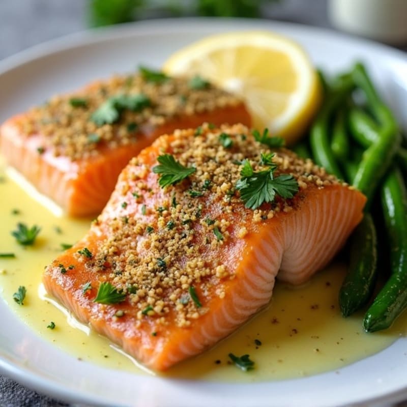 Herb-Crusted Pan Seared Salmon with Lemon Butter Sauce