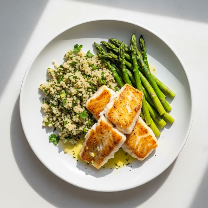 Pan-Seared Cod with Steamed Asparagus and Lemon-Herb Quinoa