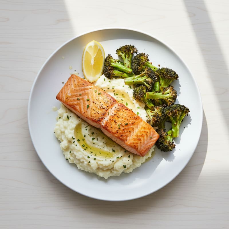 Seared Salmon with Roasted Broccoli and Garlic Mashed Cauliflower
