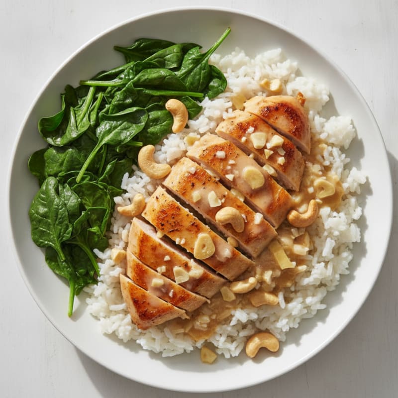 Coconut Milk Braised Chicken with Steamed Rice and Sautéed Spinach