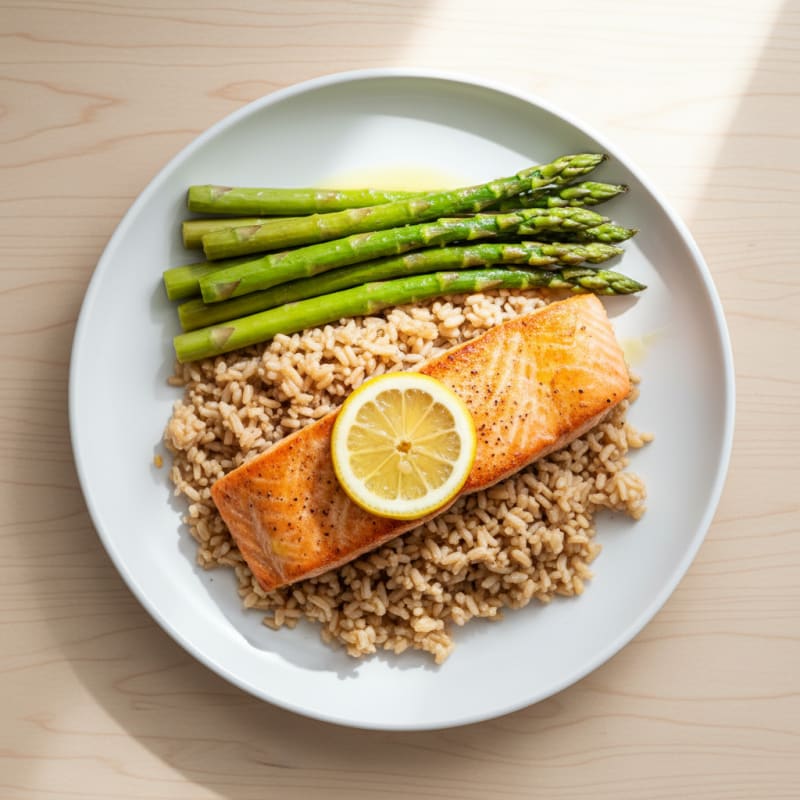 Seared Salmon with Steamed Asparagus and Brown Rice