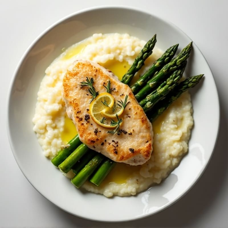 Lemon-Herb Pan-Seared Chicken Breast with Creamy Cauliflower Mash and Roasted Asparagus