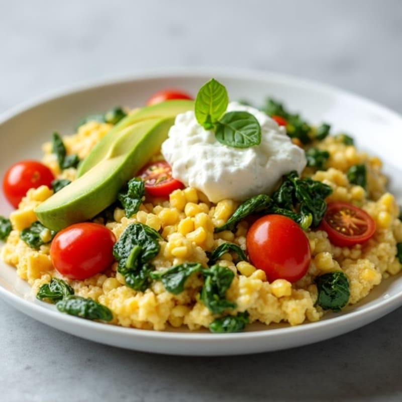 Egg White and Spinach Scramble with Cottage Cheese and Cherry Tomatoes