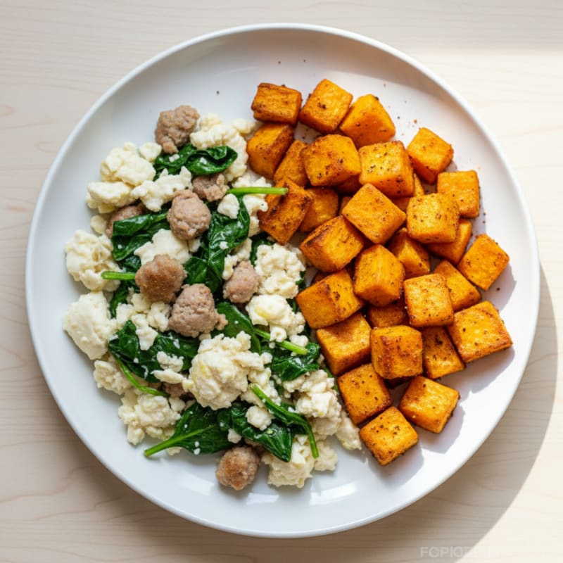 Egg White and Turkey Sausage Scramble with Spinach and Roasted Sweet Potato