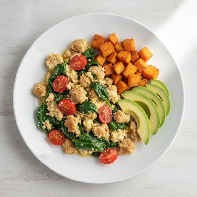 Egg White and Turkey Sausage Scramble with Spinach and Cherry Tomatoes