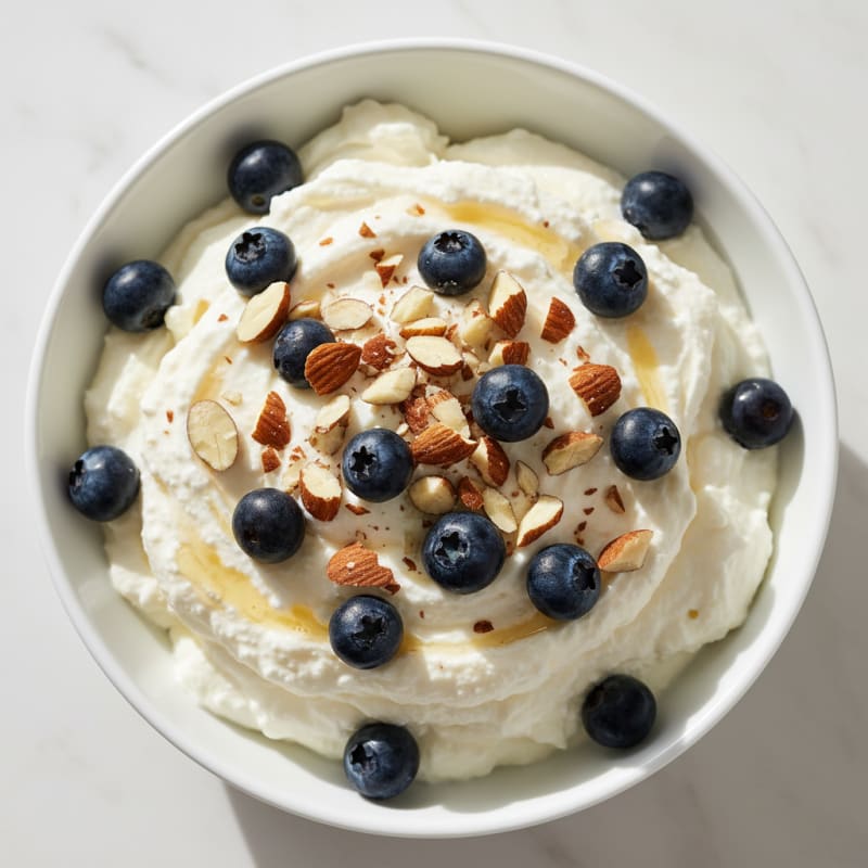 Silky Vanilla Protein Yogurt with Chopped Almonds and Blueberries