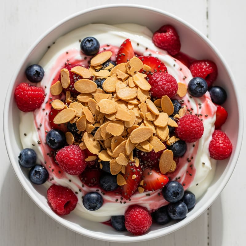 Greek Yogurt Protein Parfait with Mixed Berries and Almonds