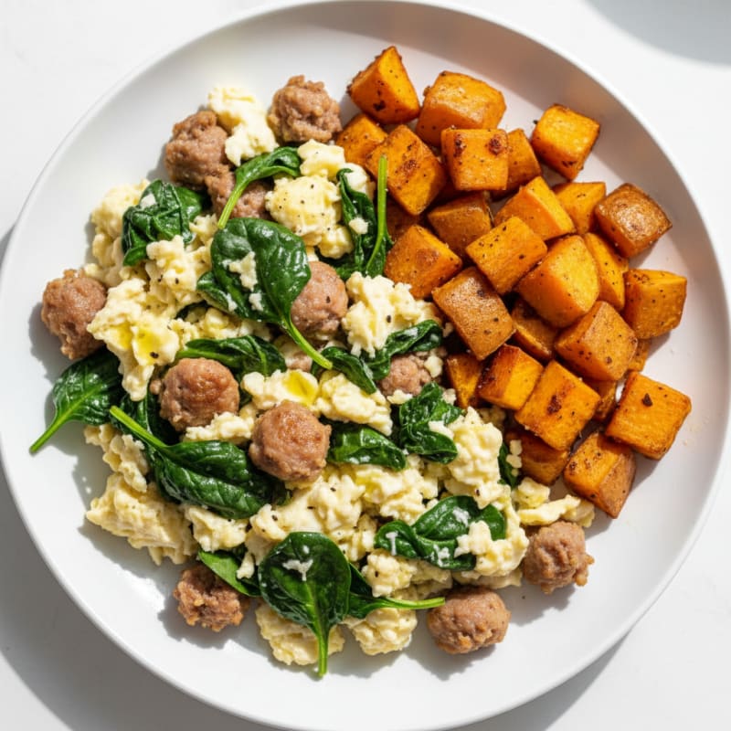 Egg White and Turkey Sausage Scramble with Spinach and Roasted Sweet Potatoes