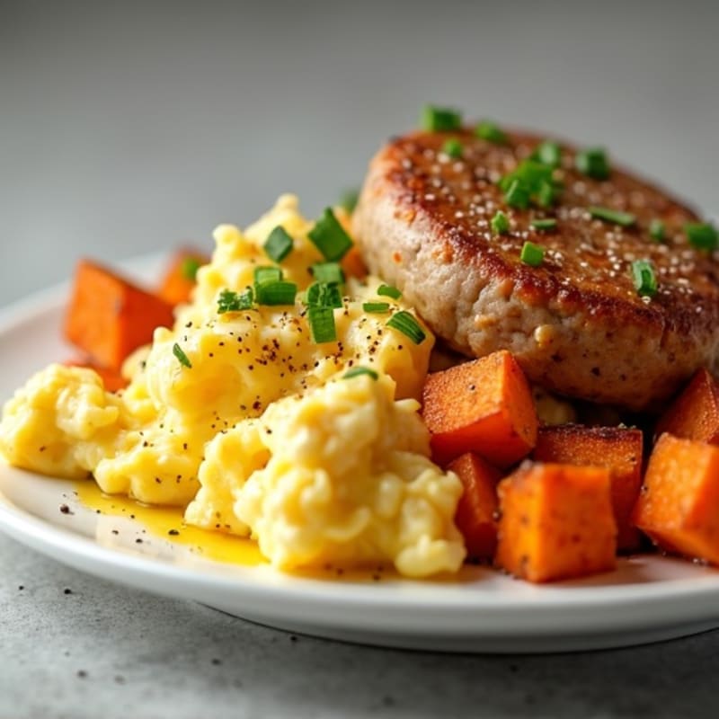 Egg White and Turkey Sausage Scramble with Roasted Sweet Potatoes
