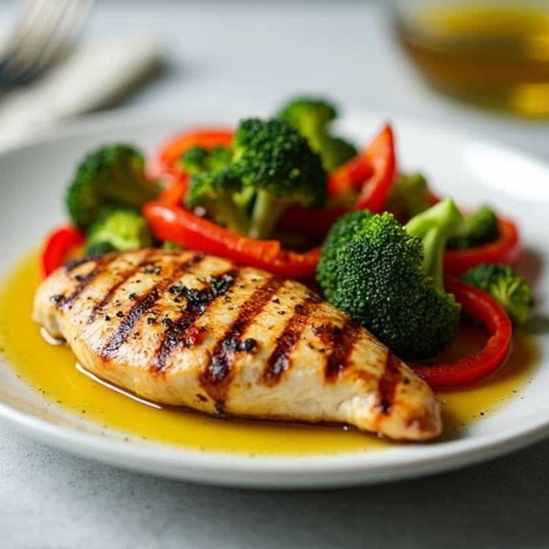Grilled Chicken Breast with Steamed Broccoli and Bell Peppers