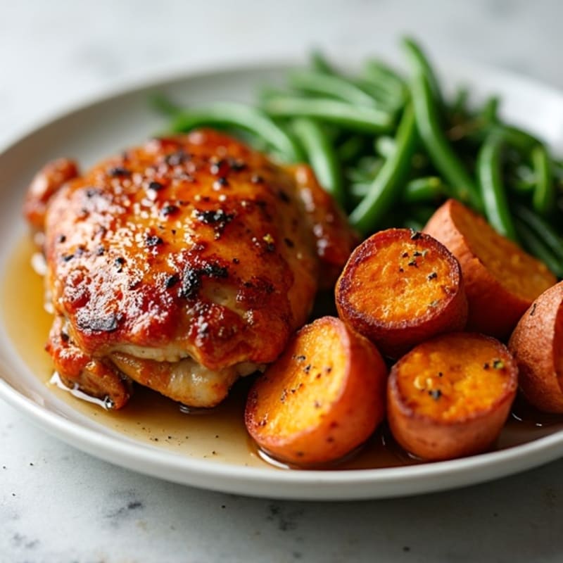 Crispy Maple-Glazed Chicken Thighs with Roasted Sweet Potatoes and Green Beans