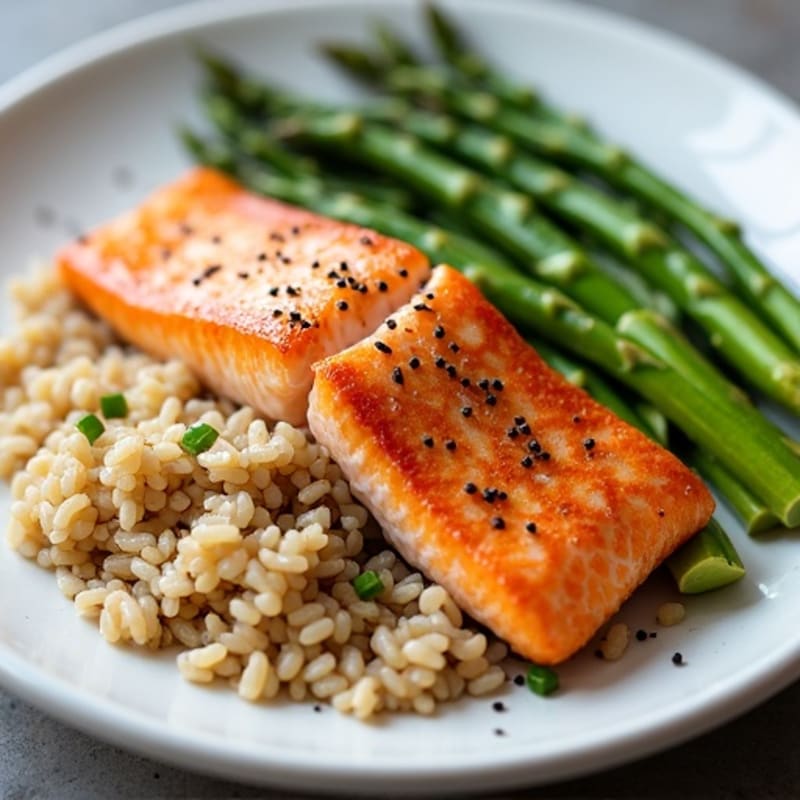 Seared Salmon with Steamed Asparagus and Brown Rice