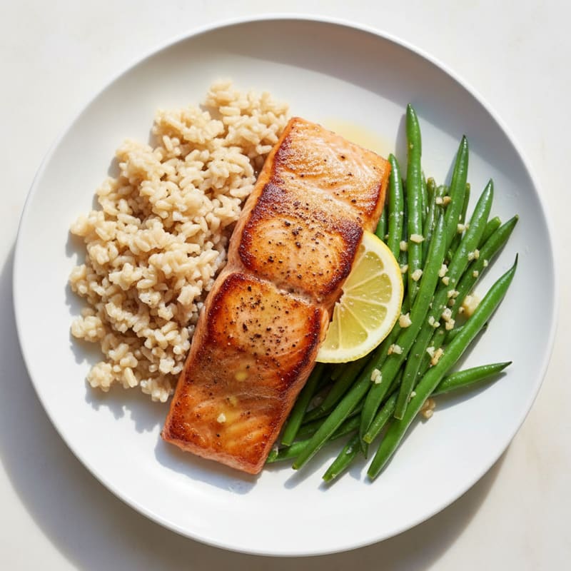 Seared Salmon Fillet with Garlic Green Beans and Brown Rice
