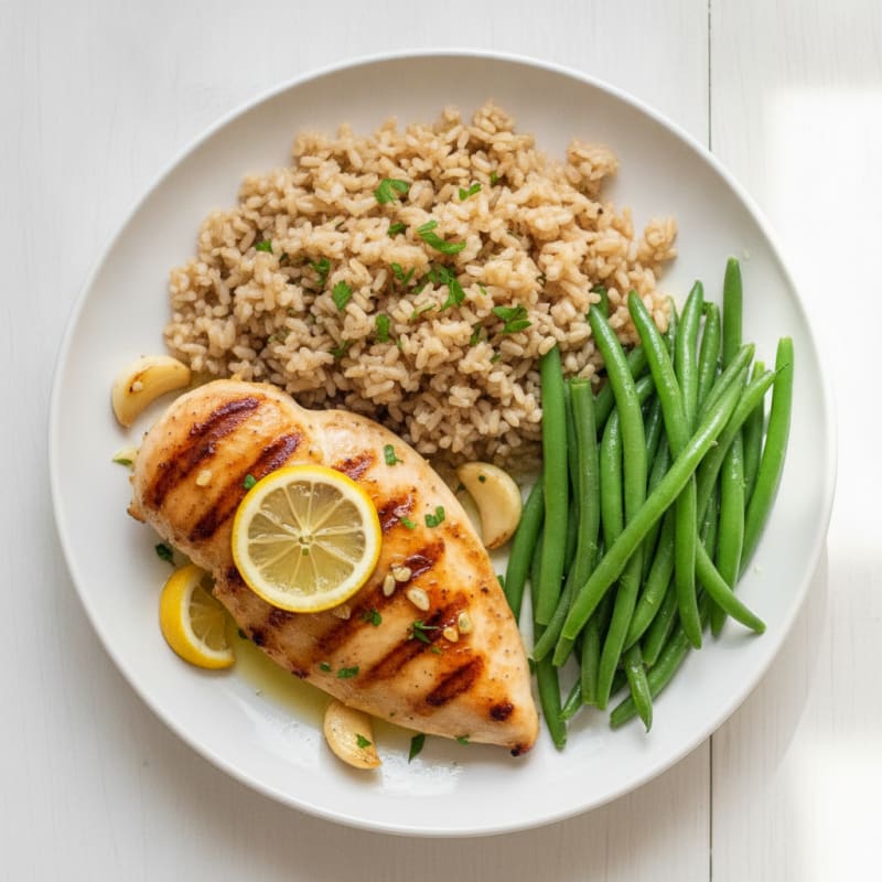 Grilled Lemon-Garlic Chicken Breast with Brown Rice and Steamed Green Beans