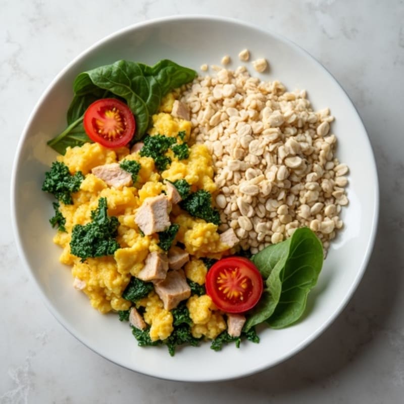 Egg White Spinach Scramble with Turkey and Tomatoes, Plus Oatmeal Side
