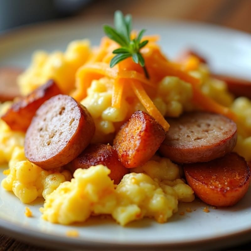 Crispy Chicken Sausage Egg Scramble with Roasted Sweet Potatoes