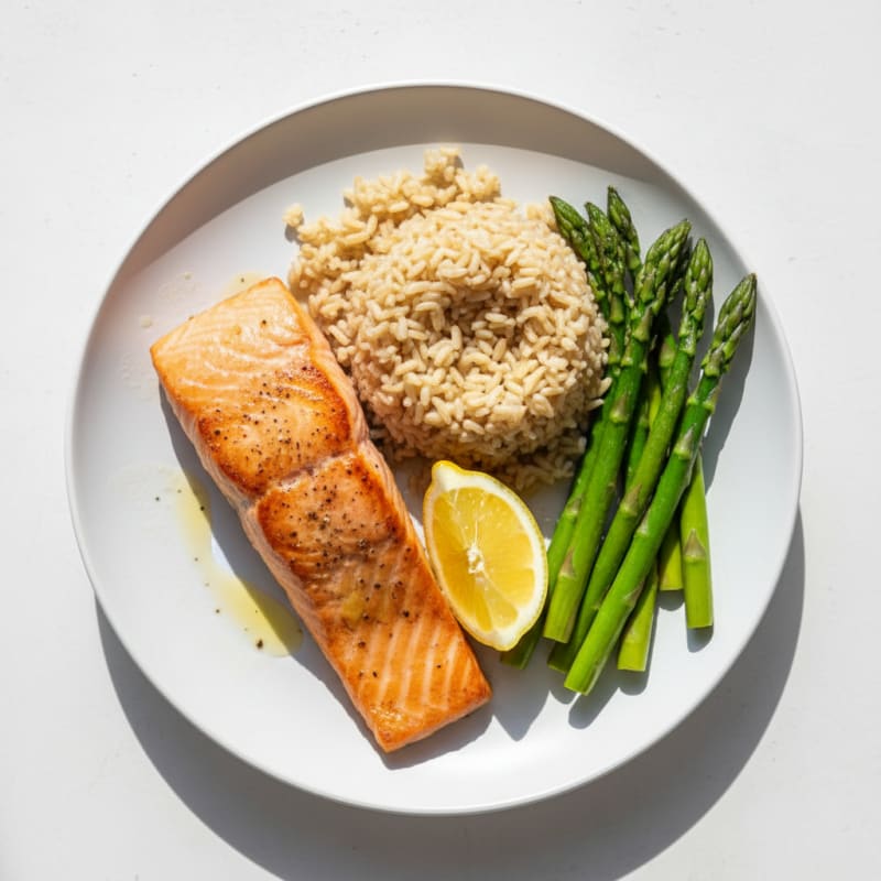 Seared Salmon with Steamed Asparagus and Brown Rice