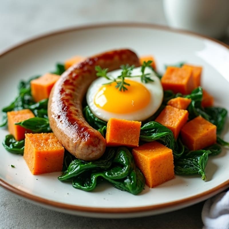 Chicken Sausage and Sweet Potato Hash with Sautéed Spinach