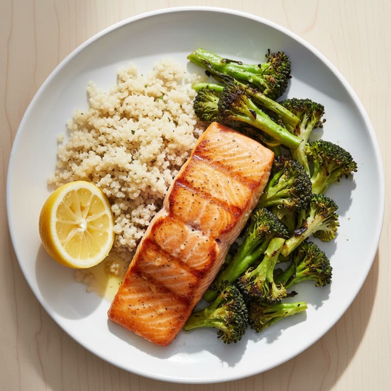 Seared Salmon with Roasted Broccoli and Quinoa