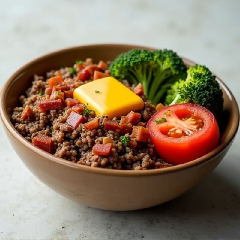 Lean Ground Beef Cheeseburger Bowl with Crispy Bacon and Roasted Broccoli