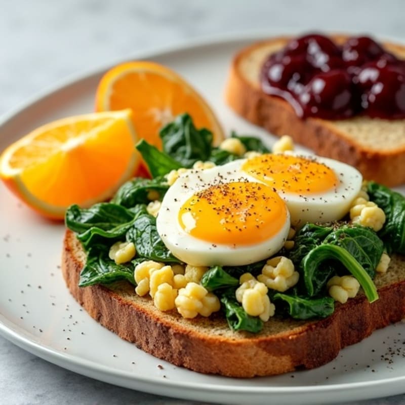 Fluffy Spinach Scramble with Citrus Slices and Toasted Bread with Berry Spread