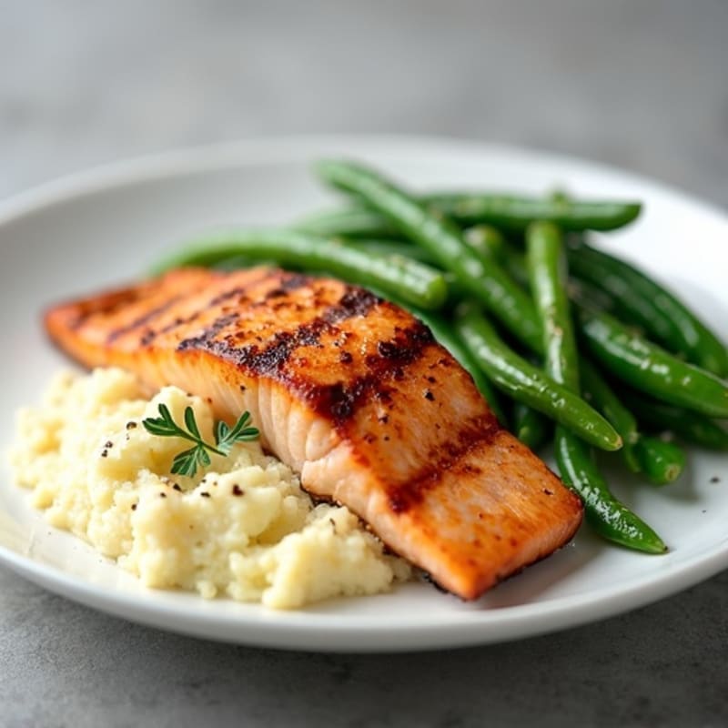 Seared Salmon with Garlic Green Beans and Cauliflower Mash