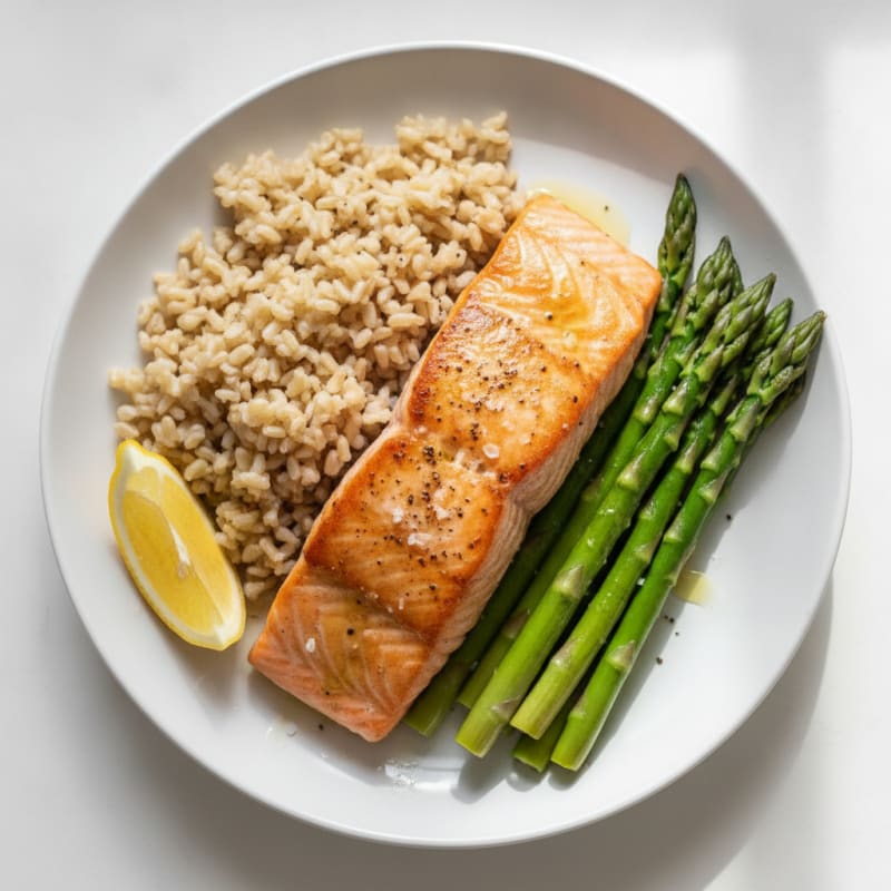 Seared Salmon with Steamed Asparagus and Brown Rice