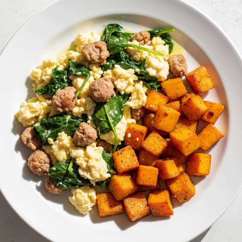 Egg White and Turkey Sausage Scramble with Spinach and Roasted Sweet Potato
