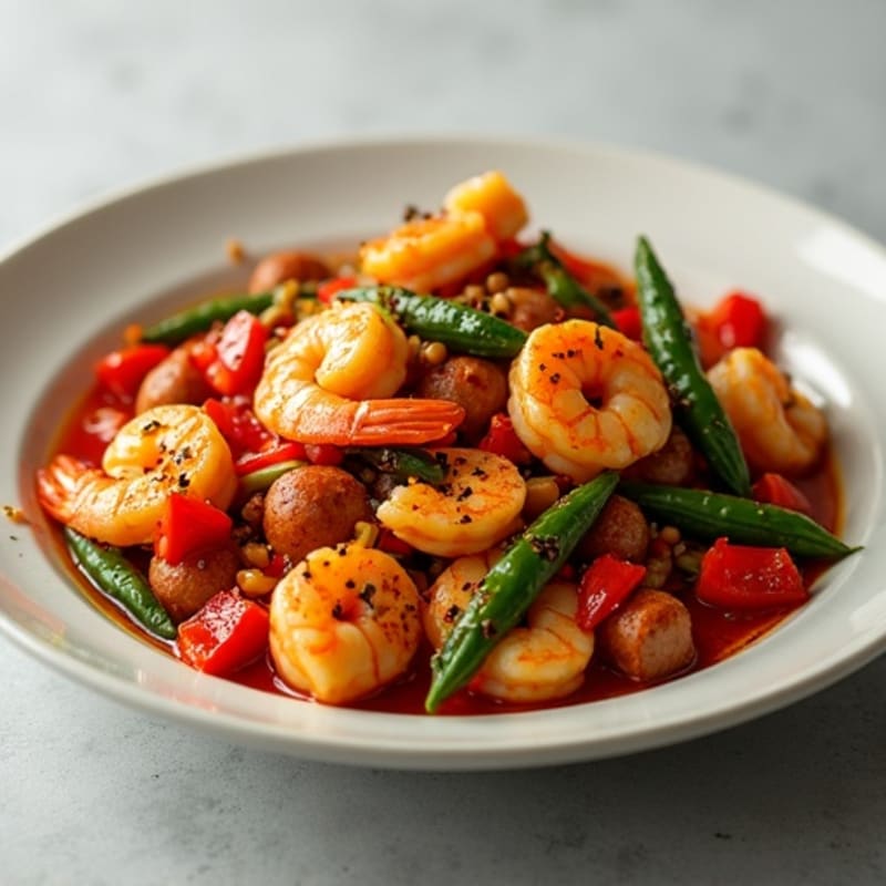 Spicy Lean Chicken, Shrimp, and Sausage with Bell Peppers and Okra
