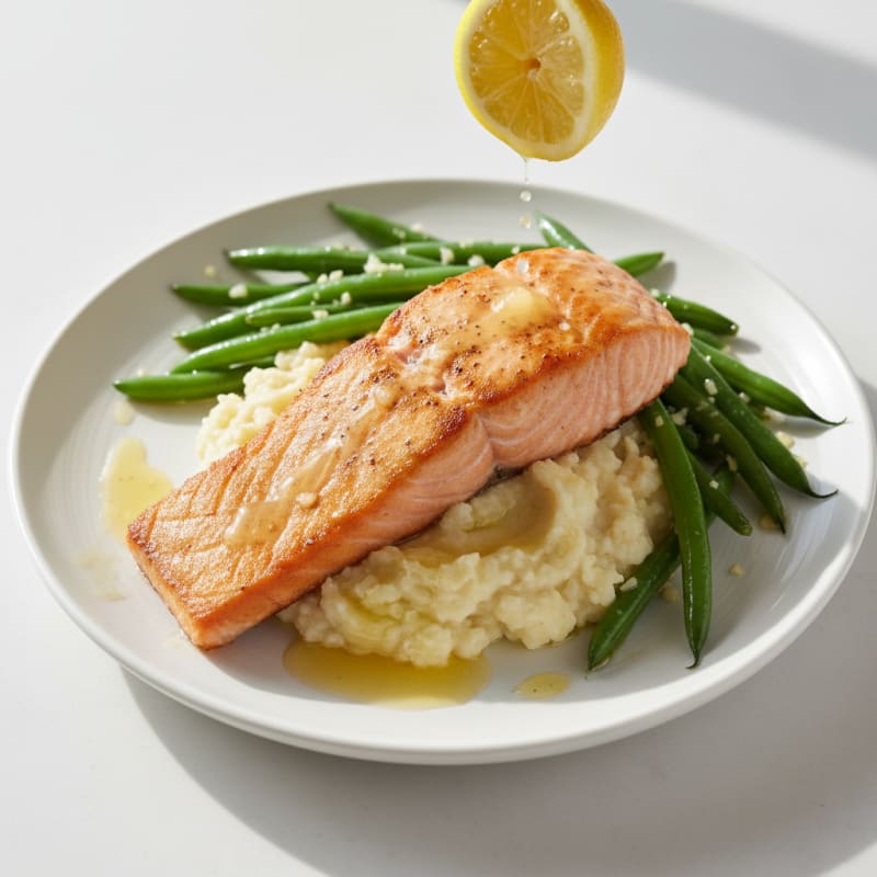 Seared Salmon Fillet with Garlic Green Beans and Cauliflower Mash