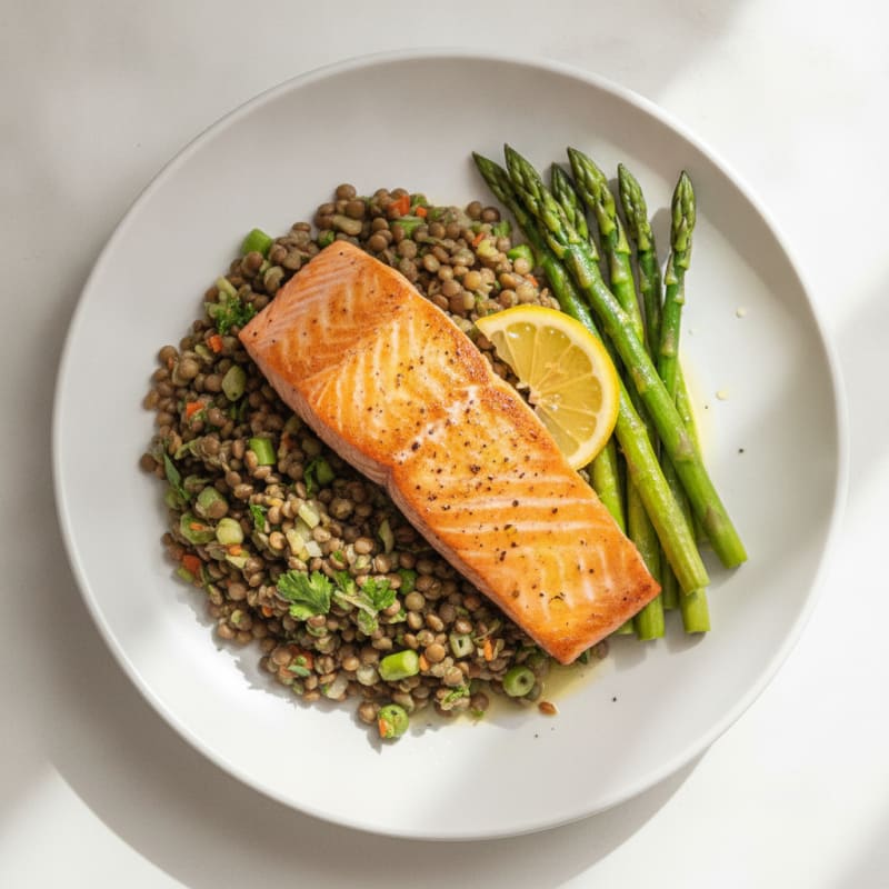 Seared Salmon with Lentil Salad and Steamed Asparagus