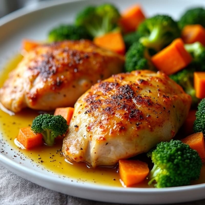 Sheet Pan Roasted Chicken Thighs with Crispy Sweet Potatoes and Broccoli