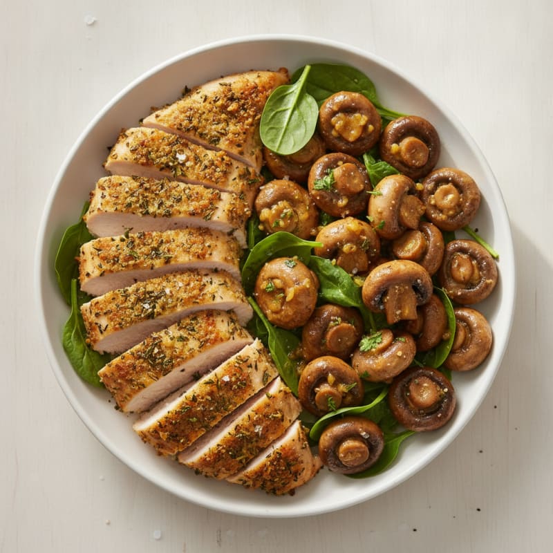 Garlic Butter Roasted Mushrooms with Herb-Crusted Chicken